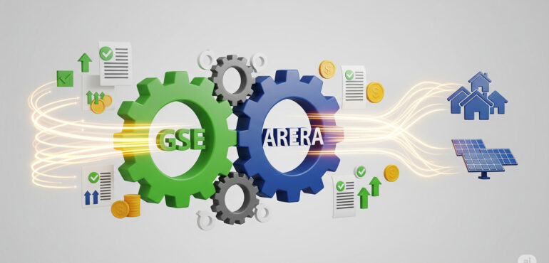Illustrazione di ingranaggi interconnessi che rappresentano GSE e ARERA, con flussi di energia e documenti che simboleggiano la regolamentazione e gli incentivi per le CER