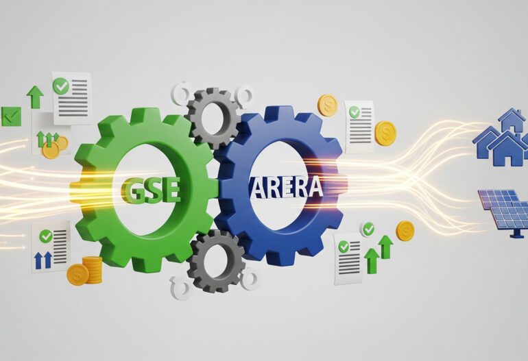 Illustrazione di ingranaggi interconnessi che rappresentano GSE e ARERA, con flussi di energia e documenti che simboleggiano la regolamentazione e gli incentivi per le CER