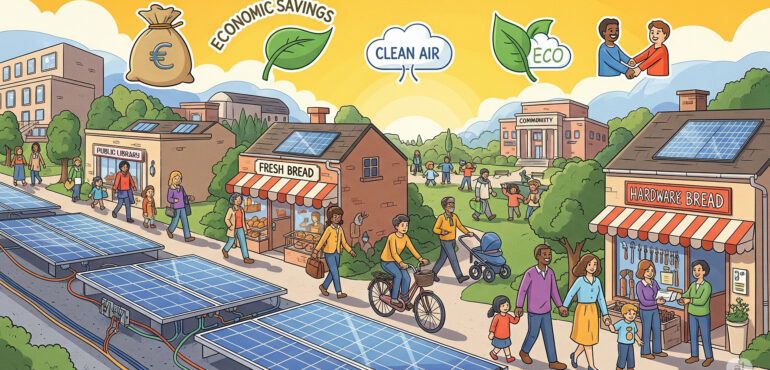 Illustrazione che mostra i vantaggi delle comunità energetiche rinnovabili